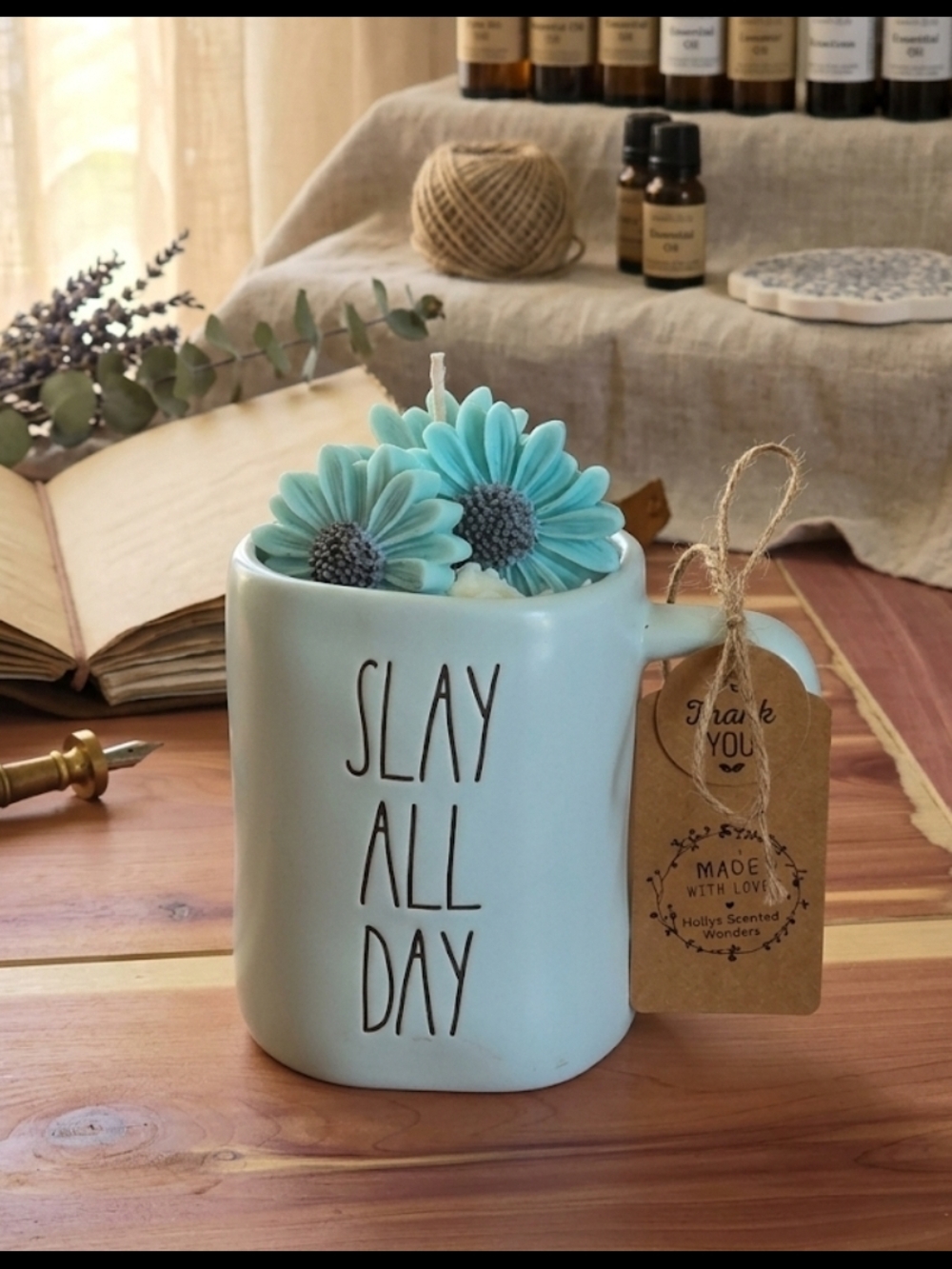 "Slay All Day" Teal Rae Dunn Mug Handmade Artisan Candle Daisy Bouquet 18 oz